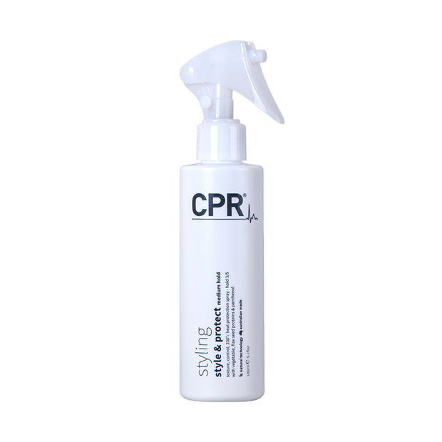 CPR style & protect, medium hold. Texture, control, 230 degrees heat protection spray. protect your hair when using a hair straightener or hot thermal styling tools. 180ml white and navy blue pump spray bottle.