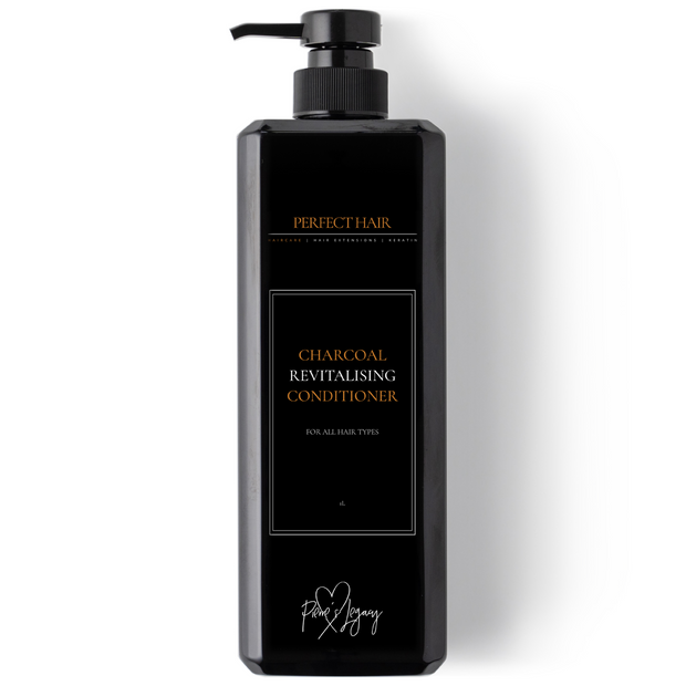 charcoal conditioner from perfect hair, suitable for hair extensions and keratin clients in a 1L black pump bottle, pierre's legacy.