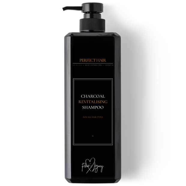 charcoal sulfate free shampoo from perfect hair, suitable for hair extensions and keratin clients in a 1L black pump bottle, pierre's legacy.