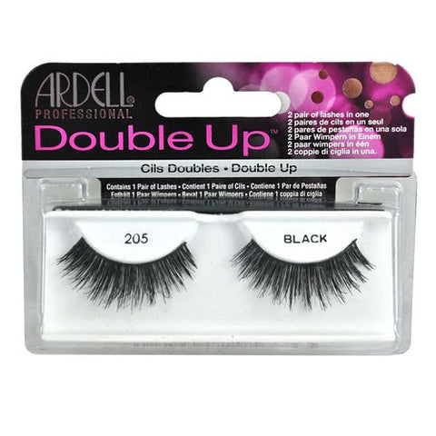 Double up 205 black strip lash. Maximum volume, long length and rounded lash style: elongated in the center with shorter inner and outer corners 