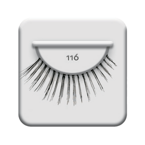 Ardell 116 black strip lash is a flared lash style: shorter at the inner corner and longer at the outer corner 